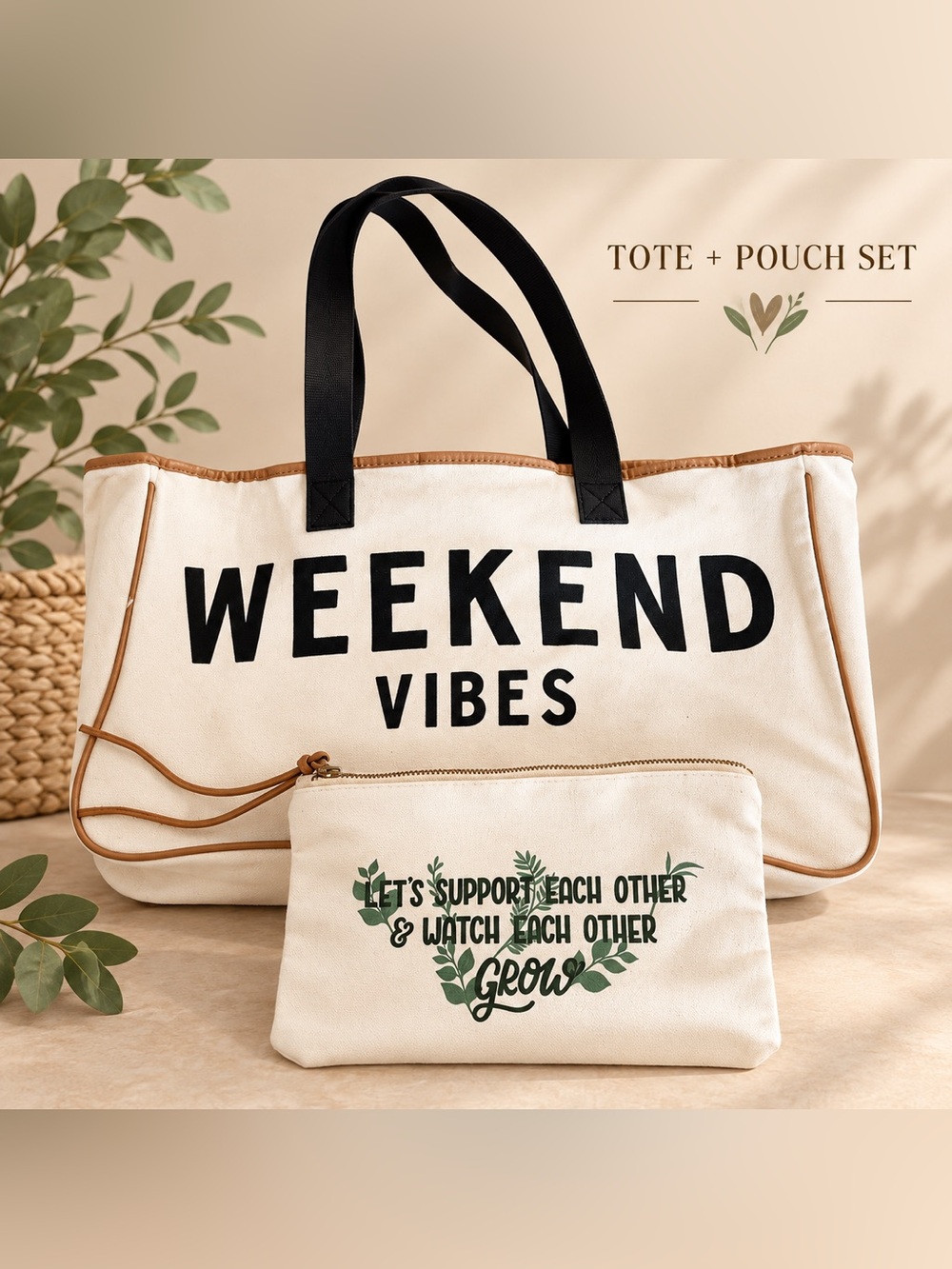 Weekend Vibes Canvas Tote Bag & Inspirational Zip Pouch Set